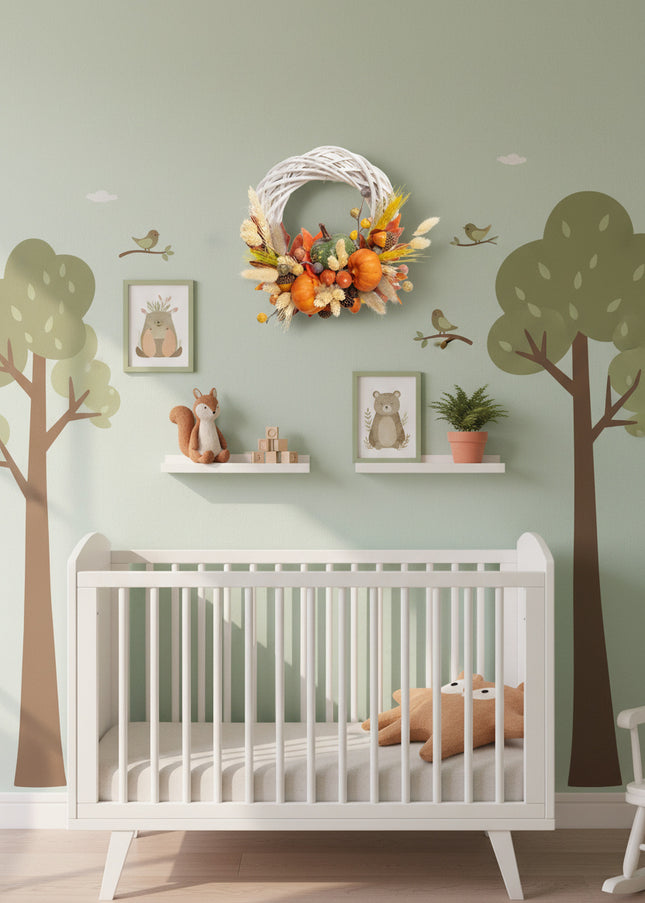Coroniță Handmade „Autumn Bounty” – Decor de Toamnă cu Mini-Dovleci, Spice și Frunze Ruginii pe Răchită Albă