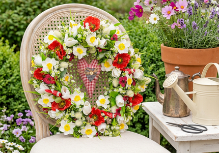 Coroniță florală de Paște „Spring Heart” – decor festiv cu flori albe, roșii și inimă decorativă