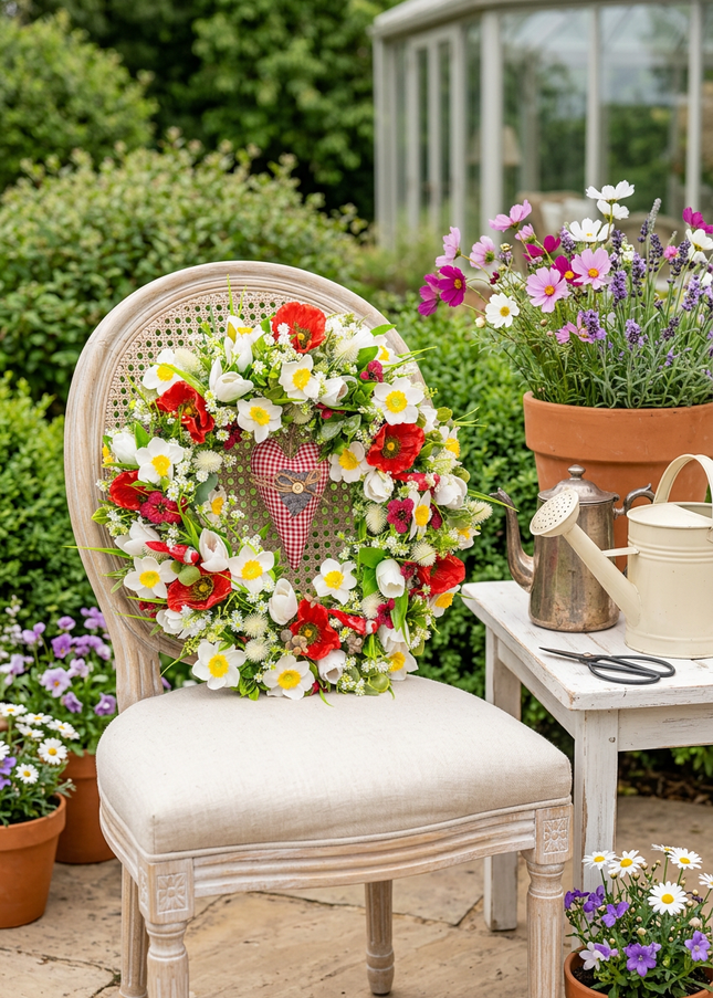 Coroniță florală de Paște „Spring Heart” – decor festiv cu flori albe, roșii și inimă decorativă
