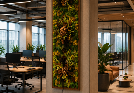 Tablou Biophilic Vertical „Golden Forest” – Panou Handmade cu Mușchi Stabilizați și Accente Botanice Premium