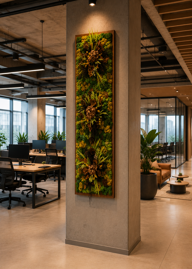 Tablou Biophilic Vertical „Golden Forest” – Panou Handmade cu Mușchi Stabilizați și Accente Botanice Premium