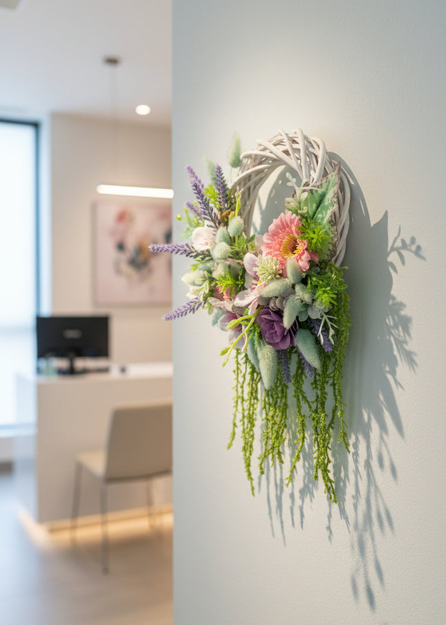 Coroniță Handmade „Secret Garden” – Aranjament Floral Curgător pe Bază de Răchită Albă cu Lavandă și Plante Verzi