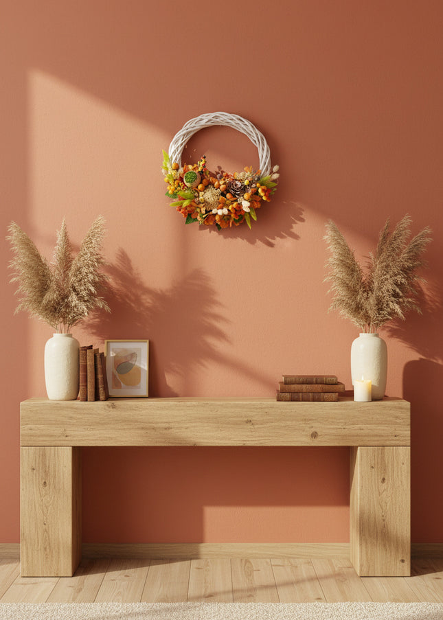 Coroniță Handmade „Harvest Sun” – Aranjament Floral pe Bază de Răchită Albă cu Flori de Câmp și Dovleci