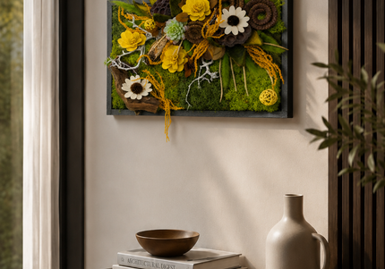 Tablou decorativ „Meadow Glow” – compoziție botanică cu mușchi și flori naturale