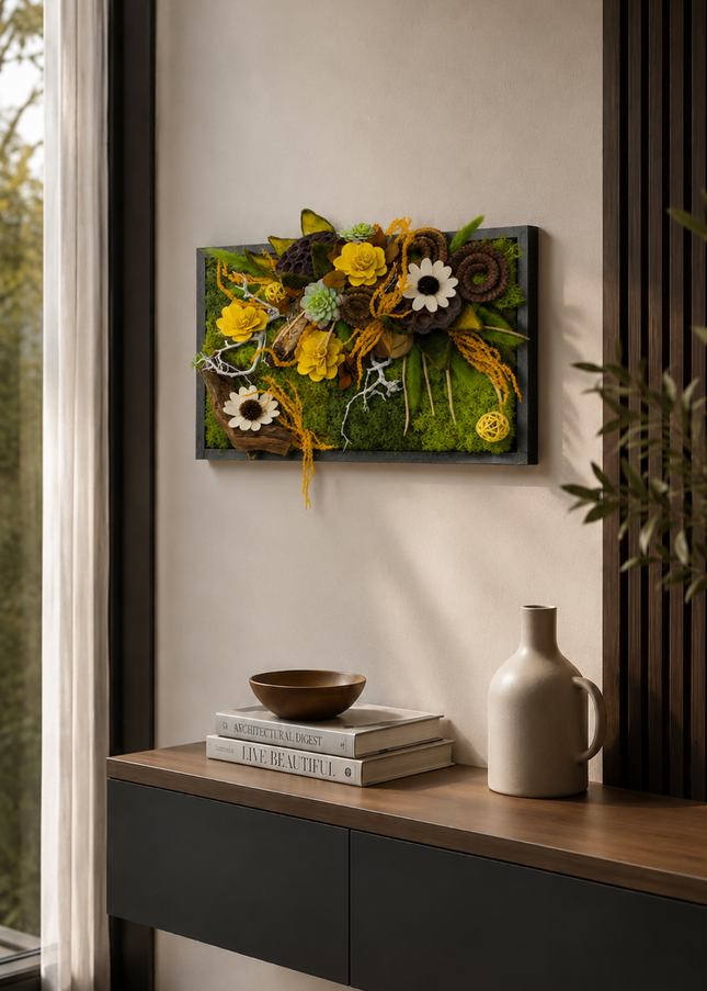 Tablou decorativ „Meadow Glow” – compoziție botanică cu mușchi și flori naturale