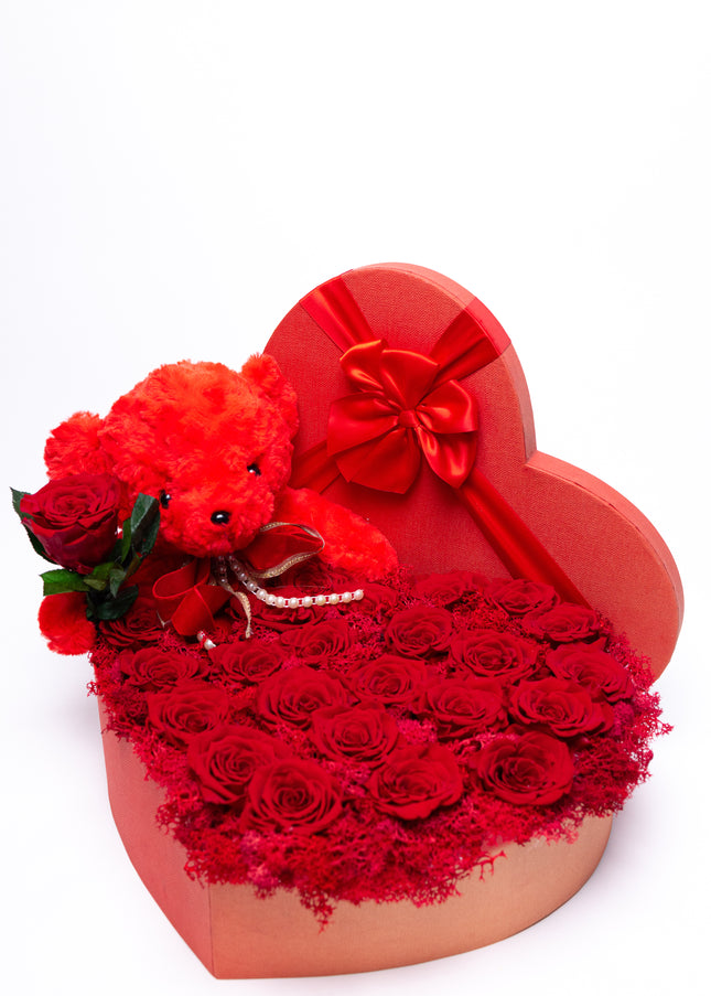 Aranjament Inimă Lux 27 Trandafiri Criogenați Roșii & Ursulet