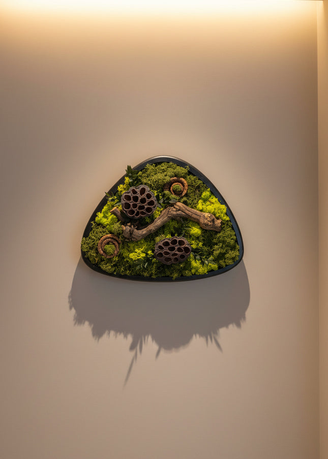 Terariu Biophilic „Emerald Basin” – Aranjament Handmade cu Licheni Stabilizați și Lotus în Vas Ceramic Triunghiular