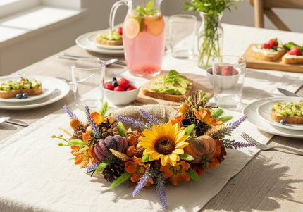 Coroniță Florală Handmade „Autumn Sun” – Aranjament pe Bază de Iută cu Floarea-Soarelui, Dovleci și Lavandă