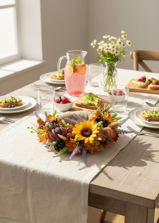Coroniță Florală Handmade „Autumn Sun” – Aranjament pe Bază de Iută cu Floarea-Soarelui, Dovleci și Lavandă