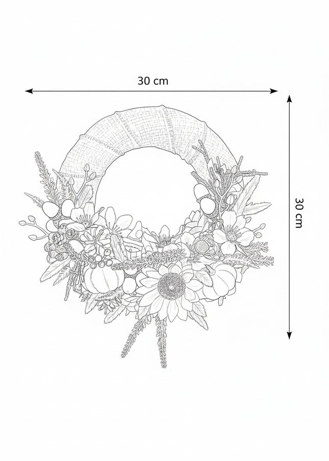 Coroniță Florală Handmade „Autumn Sun” – Aranjament pe Bază de Iută cu Floarea-Soarelui, Dovleci și Lavandă