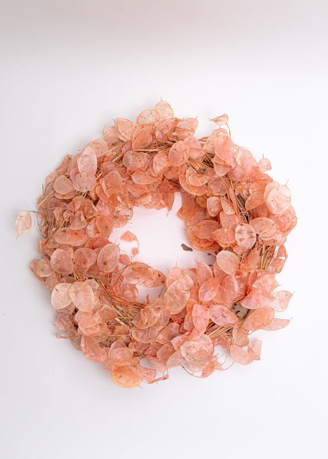 Coroniță Decorativă Lunaria Piersică – Aranjament Natural Handmade, Nuanță Somon Pastel