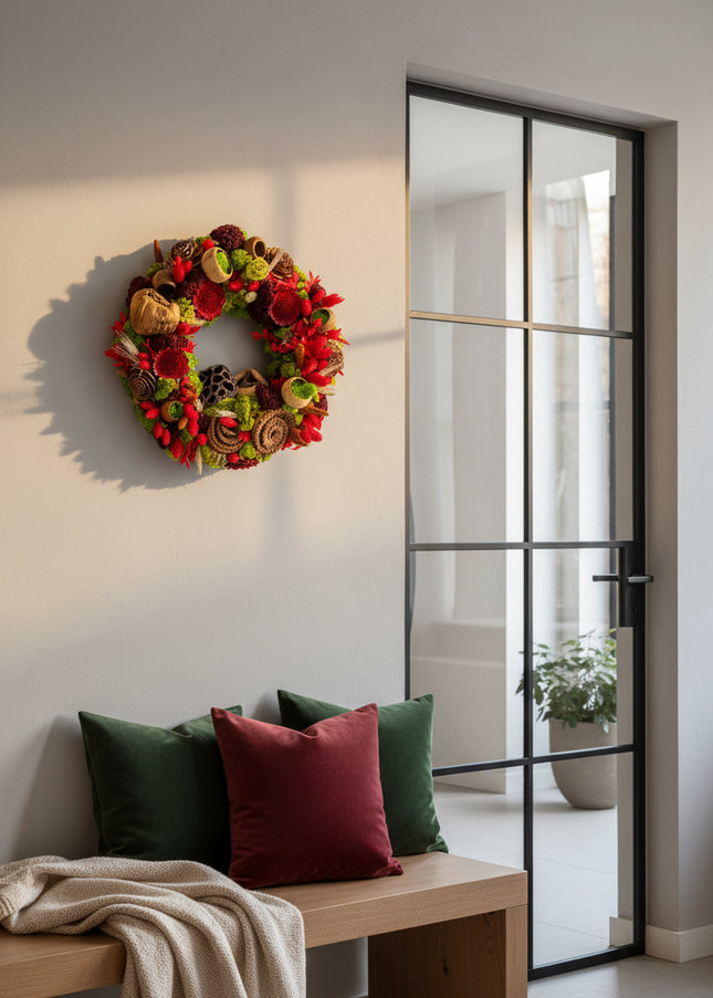 Coroniță Biophilică „Ruby Moss Garland” – Aranjament Handmade cu Licheni, Mușchi Stabilizat și Flori Roșu Intens
