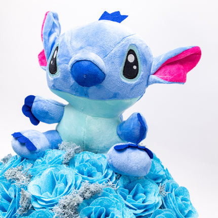 Aranjament 23 Trandafiri Imperiali Săpun (Glitter) & Pluș Stitch