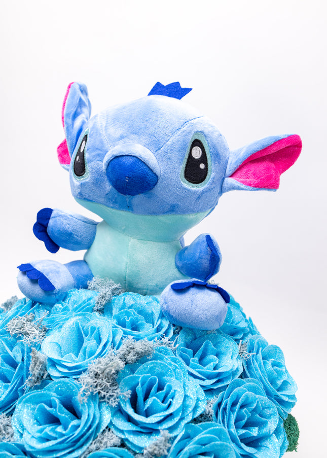 Aranjament 23 Trandafiri Imperiali Săpun (Glitter) & Pluș Stitch