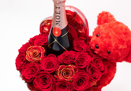 Aranjament Lux 19 Trandafiri Criogenați, Moët, Ursulet & Praline