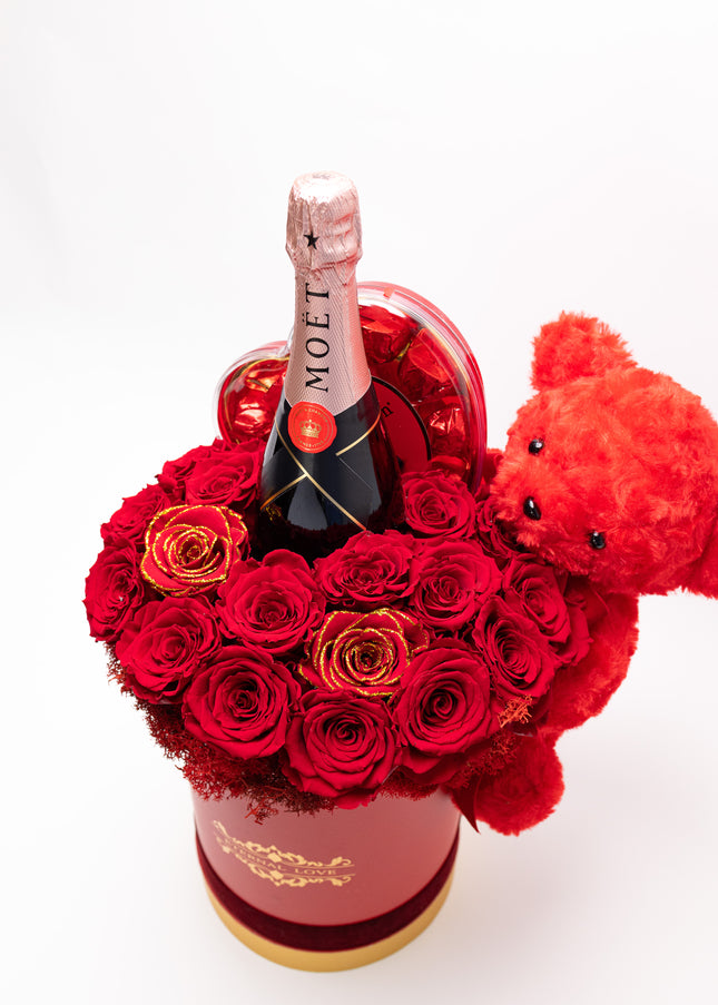 Aranjament Lux 19 Trandafiri Criogenați, Moët, Ursulet & Praline