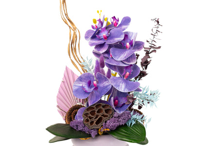 Aranjament Floral „Indigo Zen” – Compoziție Verticală cu Orhidee Indigo, Capsule de Lotus și Accente Exotice Curbe