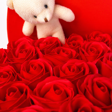 Aranjament Inimă Lux Trandafiri Săpun Roșii, Ursulet Alb