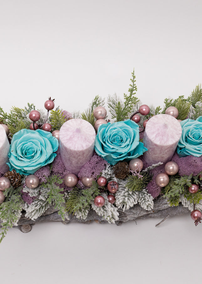 Aranjament Crăciun Advent "Turquoise Dream" pe Bază de Rădăcini