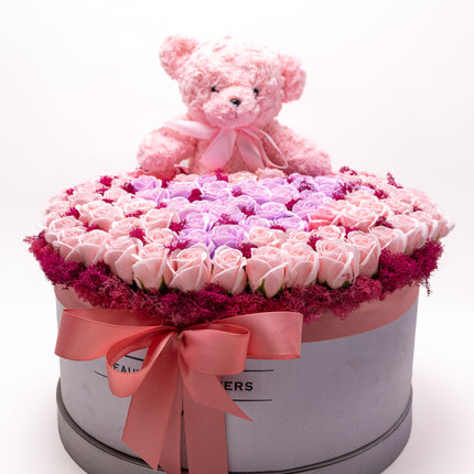 Aranjament Lux Trandafiri Săpun Roz & Lila, Ursulet Gri