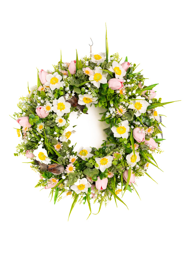 Coroniță florală „Spring Meadow” – decor natural cu flori albe, galbene și accente verzi