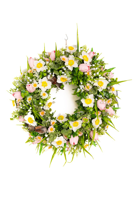 Coroniță florală „Spring Meadow” – decor natural cu flori albe, galbene și accente verzi