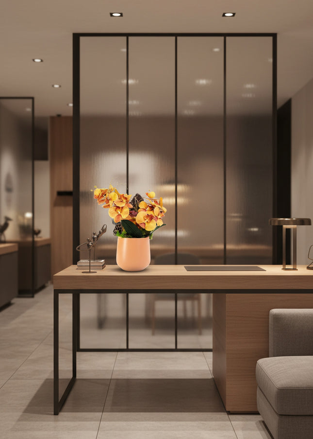 Aranjament Floral „Orchid Sunset” în Vas Ceramic – Compoziție Premium cu Orhidee Portocalii, Licheni și Accente Exotice