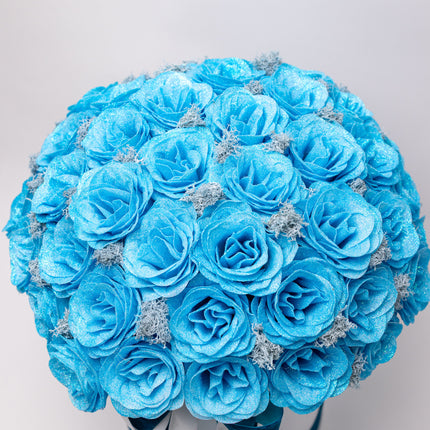 Aranjament Lux 51 Trandafiri Săpun Turcoaz (Glitter) & Fundă Dublă