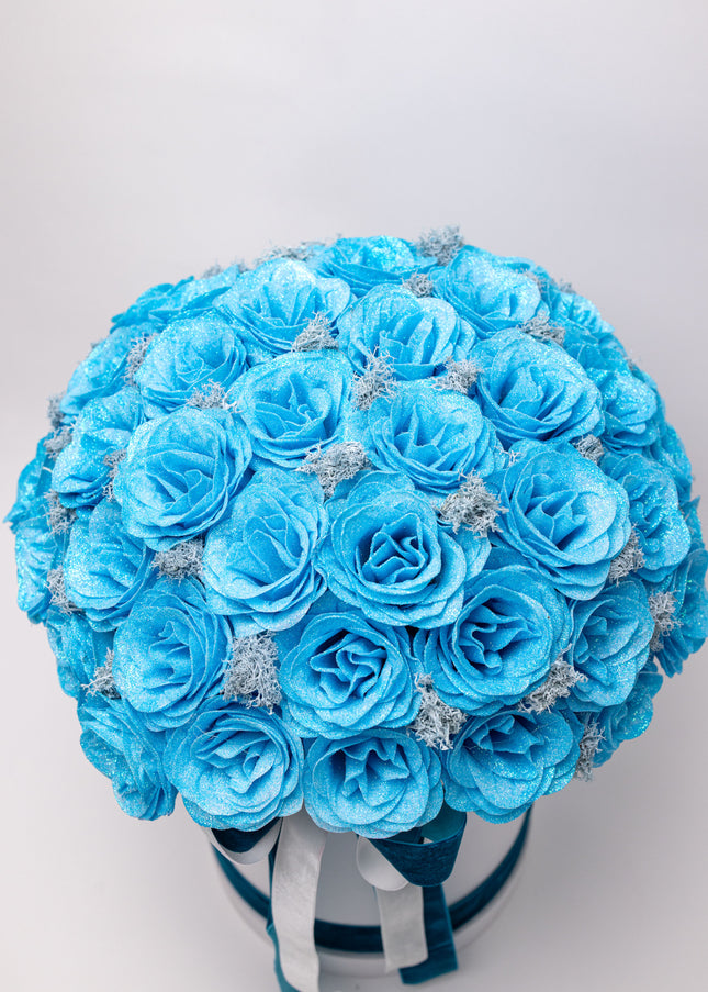 Aranjament Lux 51 Trandafiri Săpun Turcoaz (Glitter) & Fundă Dublă