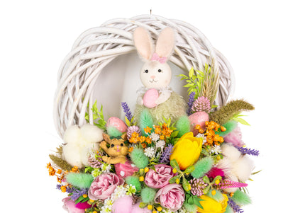 Coroniță florală de Paște „Sweet Bunny” – decor festiv cu iepuraș, flori pastel și accente jucăușe