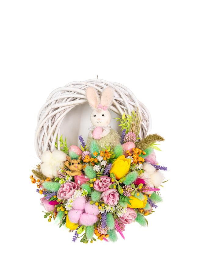 Coroniță florală de Paște „Sweet Bunny” – decor festiv cu iepuraș, flori pastel și accente jucăușe