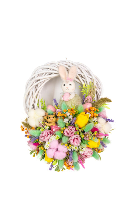 Coroniță florală de Paște „Sweet Bunny” – decor festiv cu iepuraș, flori pastel și accente jucăușe