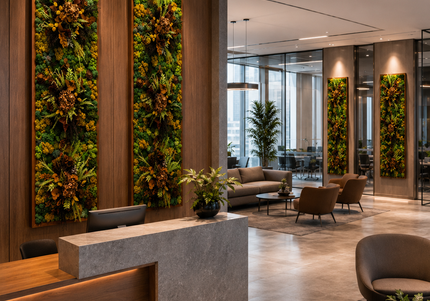 Tablou Biophilic Vertical „Golden Forest” – Panou Handmade cu Mușchi Stabilizați și Accente Botanice Premium