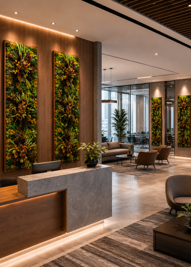 Tablou Biophilic Vertical „Golden Forest” – Panou Handmade cu Mușchi Stabilizați și Accente Botanice Premium