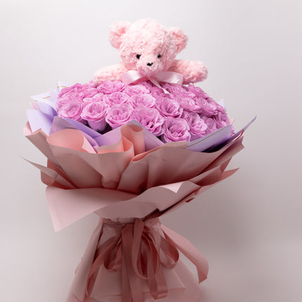 Buchet de Lux „Amethyst Bear Hug” cu Trandafiri Sclipitori