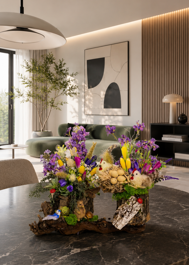 Aranjament floral de Paște „Easter Garden” – decor rustic de primăvară