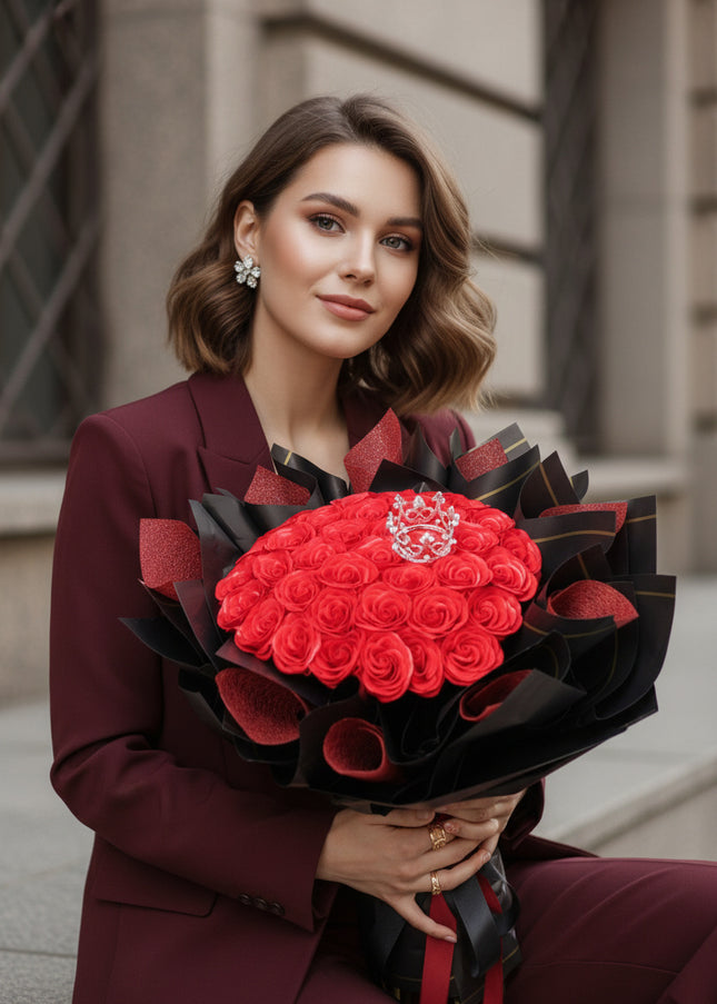 Buchet Gigant "Royal Crimson" cu 79 Trandafiri și Coroană