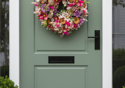 Coroniță Florală „Wildflower Celebration” – Aranjament Handmade Bogat cu Flori Uscate, Criogenate și Accente Boho