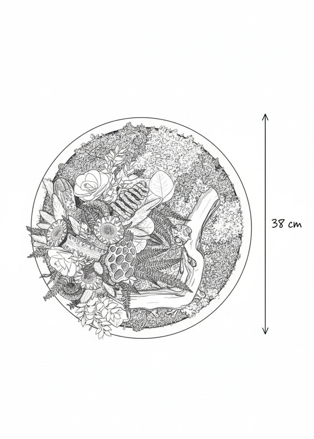 Tablou Biophilic Circular „Emerald Orb” – Panou Decorativ Handmade cu Mușchi, Licheni și Relief de Pădure
