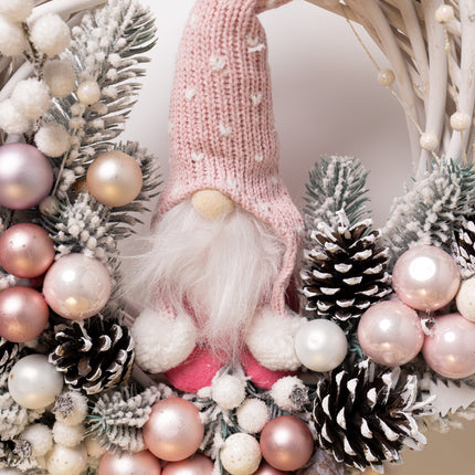 Coroniță Crăciun "Pink Gnom" pe Lemn Natural Împletit
