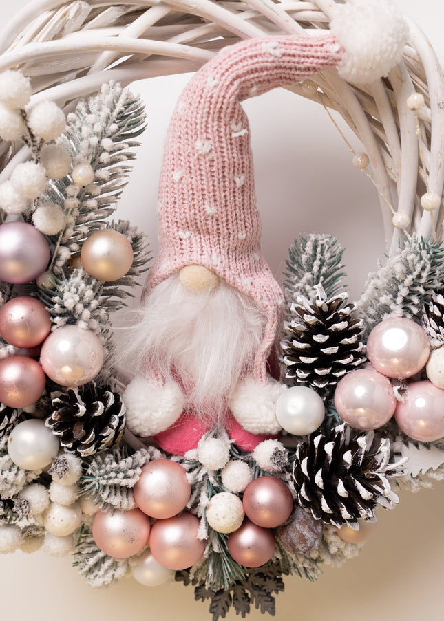 Coroniță Crăciun "Pink Gnom" pe Lemn Natural Împletit