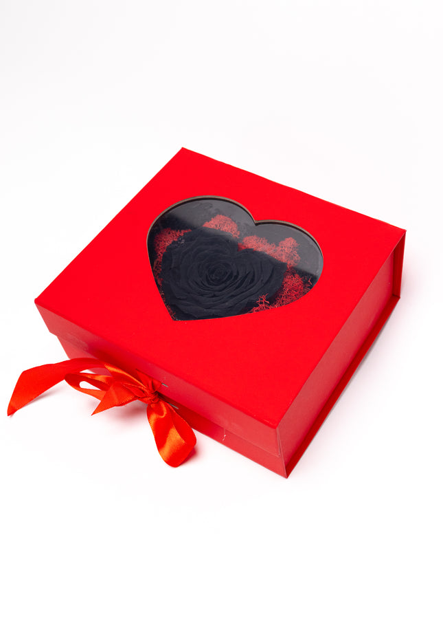 Trandafir Criogenat Negru Inimă Handmade, Cutie Roșie