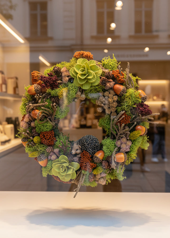 Coroniță Handmade „Forest Friends” – Aranjament din Licheni Stabilizați cu Arici Decorativ și Flori din Lemn