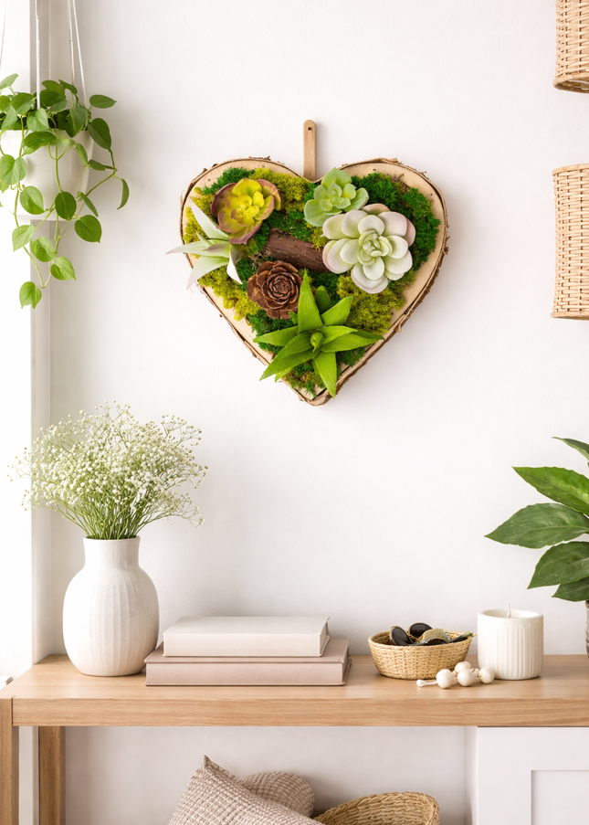 Tablou decorativ „Green Heart Petite” – inimă cu suculente și mușchi stabilizat