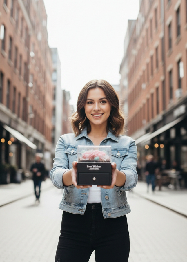 Aranjament 3 Trandafiri Criogenați Roz, Cutie Acrilică "Best Wishes"