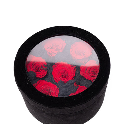 Aranjament Lux 5 Trandafiri Criogenați Roșii, Cutie Catifea Neagră