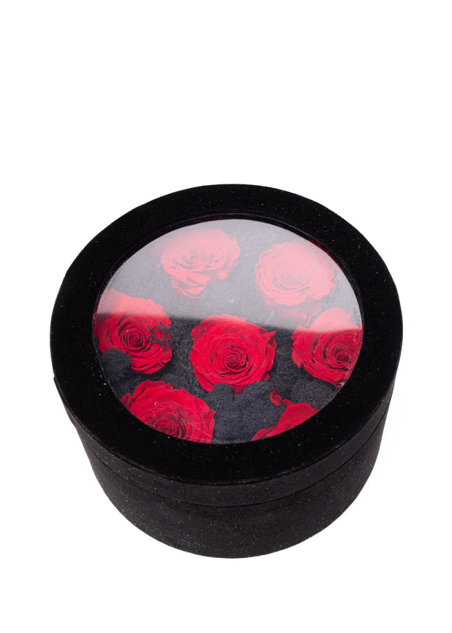 Aranjament Lux 5 Trandafiri Criogenați Roșii, Cutie Catifea Neagră