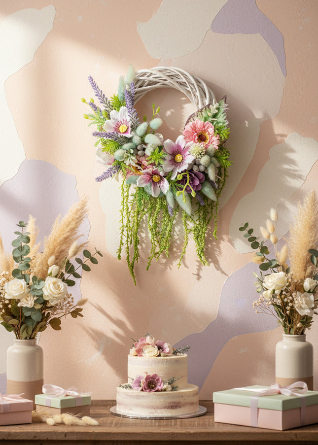 Coroniță Handmade „Secret Garden” – Aranjament Floral Curgător pe Bază de Răchită Albă cu Lavandă și Plante Verzi