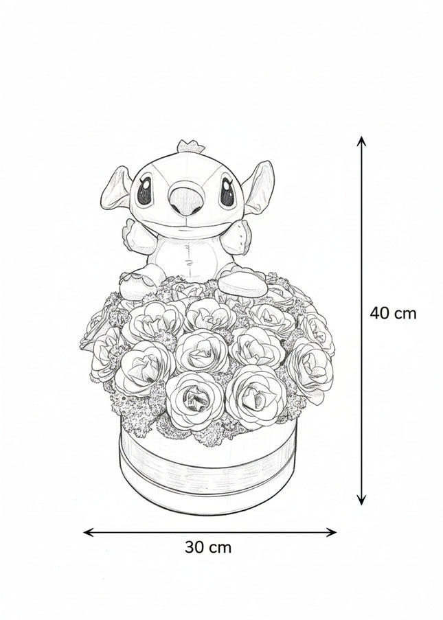 Aranjament 23 Trandafiri Imperiali Săpun (Glitter) & Pluș Stitch