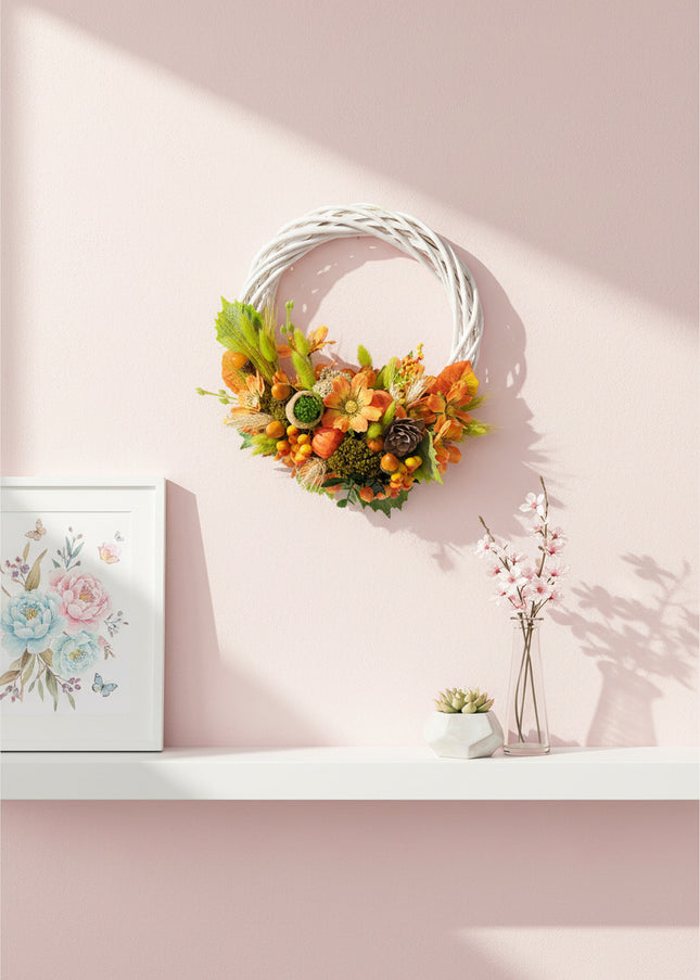 Coroniță Handmade „Autumn Glow” – Aranjament Floral pe Bază de Răchită Albă cu Flori de Dovleac și Spice